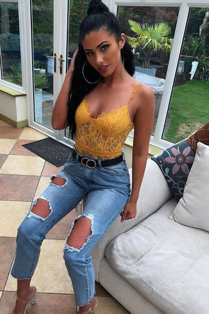 Mustard Lace Flower Bodysuit - Faylen