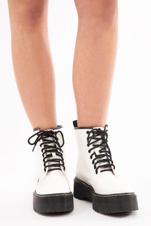 White Faux Leather Platform Chunky Ankle Boots - Miami
