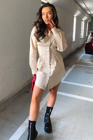 Stone Tailored Waist Long Sleeve Shirt Dress - Laritza