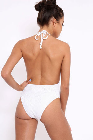 White Sequin Deep Plunge Halterneck Swimsuit - Katniss
