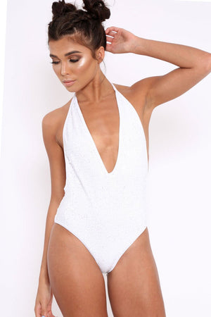 White Sequin Deep Plunge Halterneck Swimsuit - Katniss