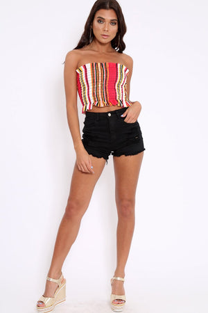 Red Stripe Shirred Frill Bandeau Crop Top - Camren