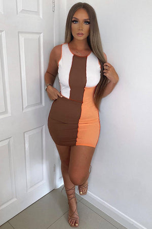 Orange Colour Block Contrast Stitch Mini Dress - Jahlia