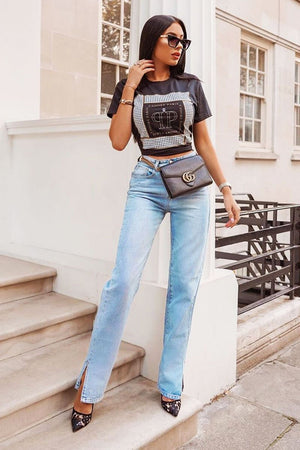 Blue Denim Straight Leg Side Split Jeans - Tashi
