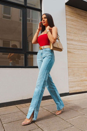 Blue Denim Straight Leg Side Split Jeans - Tashi