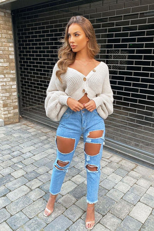Light Blue Distressed Rip Frayed Straight Mom Jeans - Erin