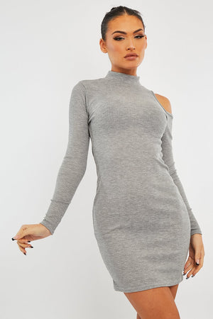 Grey Ribbed High Neck Shoulder Cut Out Mini Dress - Carola