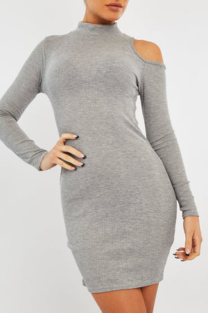 Grey Ribbed High Neck Shoulder Cut Out Mini Dress - Carola