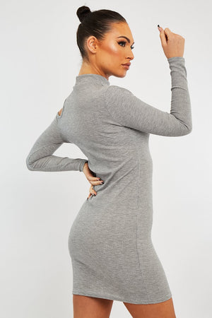Grey Ribbed High Neck Shoulder Cut Out Mini Dress - Carola