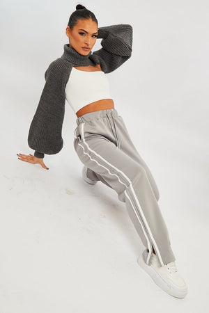 Grey Side Stripe Split Hem Wide Leg Joggers - Karris