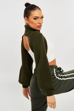 Khaki Extreme Cut Out High Neck Jumper - Nihara