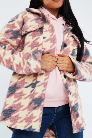 Pink Houndstooth Pocket Front Shacket - Reem