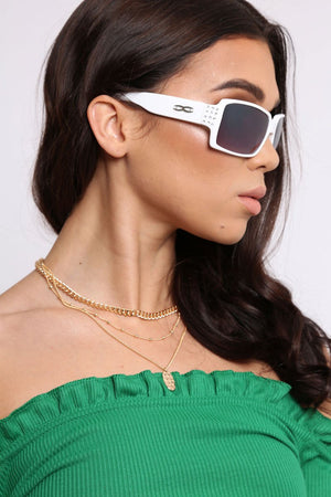 White Diamante Square Frame Sunglasses - Liona