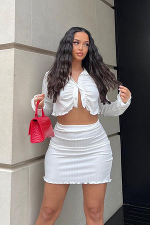 White Rib Button Up Crop Top & Mini Skirt Set - Neha