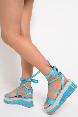 Turquoise Holographic Lace Up Wedges - Nika
