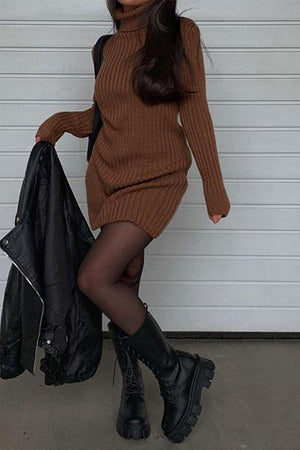 Camel Roll Neck Knit Mini Dress - Franceska