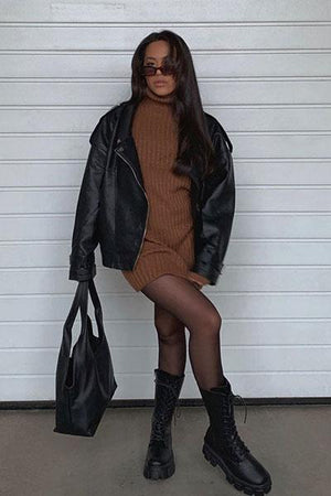 Camel Roll Neck Knit Mini Dress - Franceska