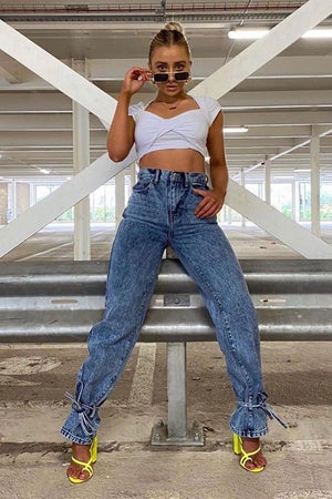 Light Blue Ankle Tie Straight Leg Jeans - Jasmine