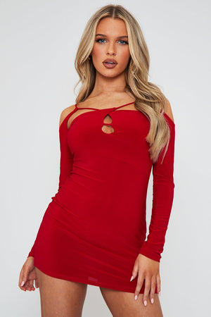 Red Cut Out Shoulders Slinky Mini Dress - Selena