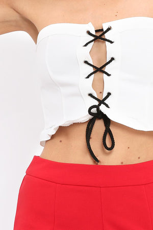 White Lace Up Front Frill Bandeau Crop Top - Cyndi