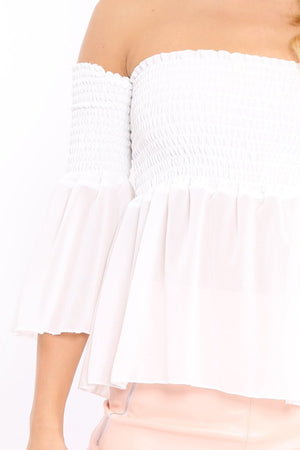White Shirred Chiffon Bardot Top - Libbie