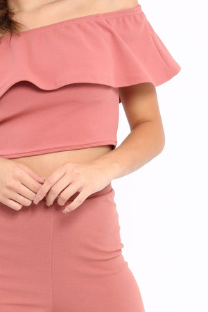 Rose Bardot Crop Top And Dip Hem Trousers Co-ord Set - Alexiah