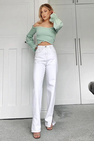 White Contrast Stitch Denim Straight Leg Side Split Jeans - Tashi