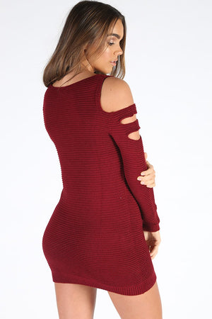 Wine Knitted Cold Shoulder Cut Out Jumper Dress - Sienna