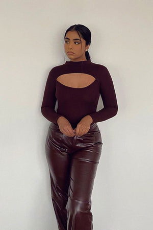 Brown Ribbed Cut Out Detail Bodysuit - Murphie