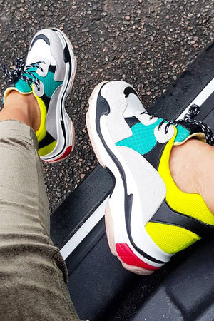Yellow And Green Chunky Lace Up Trainers - Thea