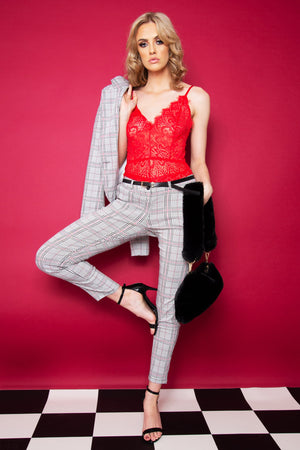 Black Red Check Belted Skinny Trousers - Jayani