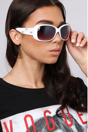 White Diamante Embellished Square Frame Sunglasses - Bula