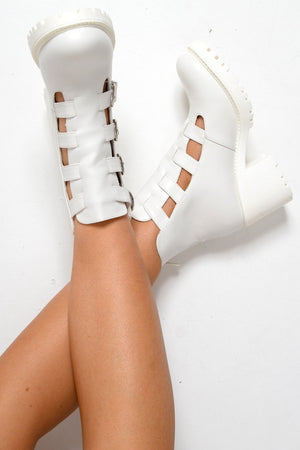 White Cut Out Buckle Detail Heeled Boots - Fredericka