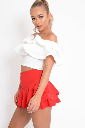White Extreme Ruffle Bandeau Crop Top - Wilhelmina