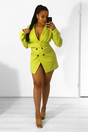 Yellow Double Breasted Button Front Belted Blazer - Huda