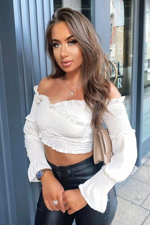 Stone Shirred Wrap Over Bardot Crop Top - Zuri